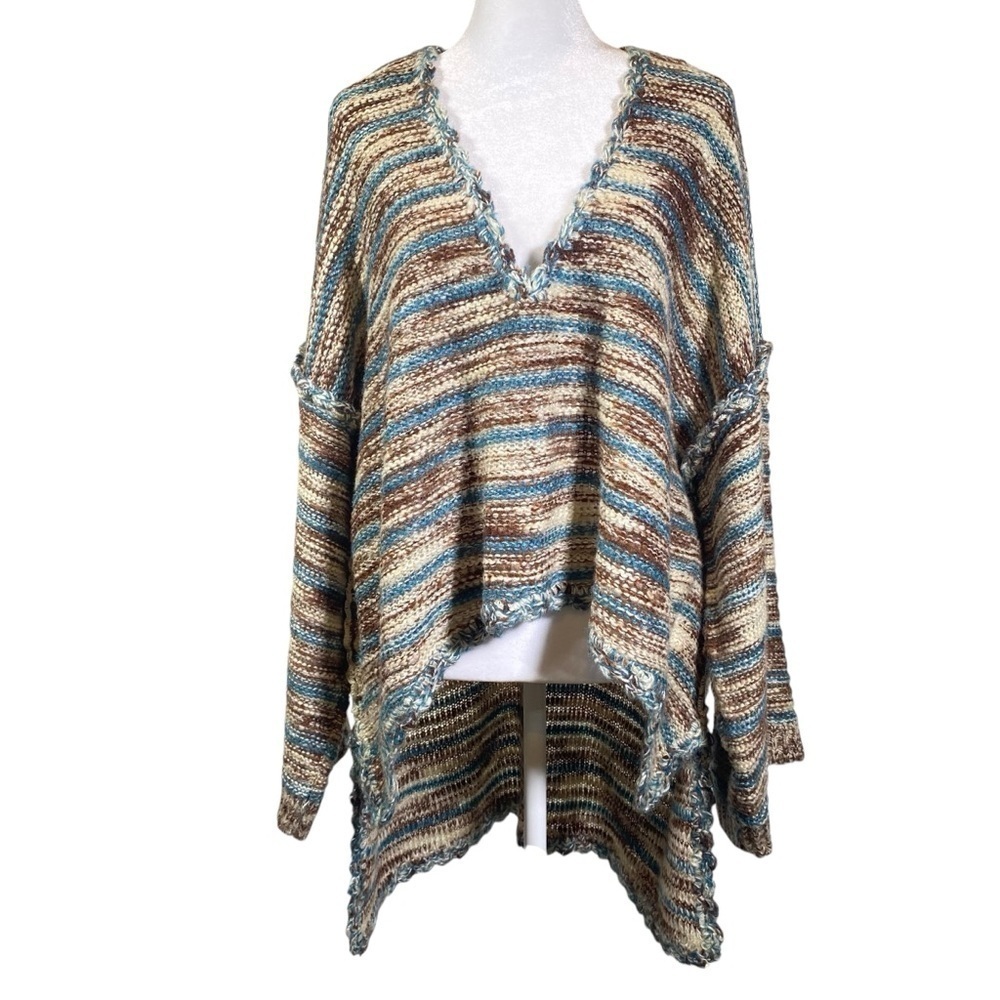 POL Women's Small Long Sleeve OVERSIZED Chunky Knit SWEATER teal brown cream